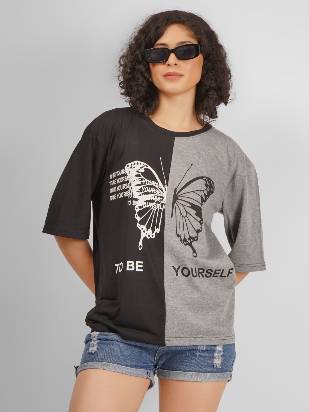

MIMID Women Printed Round Neck Cotton Oversized T-shirt, Black