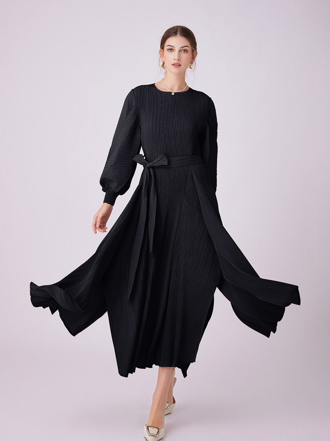 

JC Collection Round Neck Cuffed Sleeves Fit & Flare Midi Dress, Black