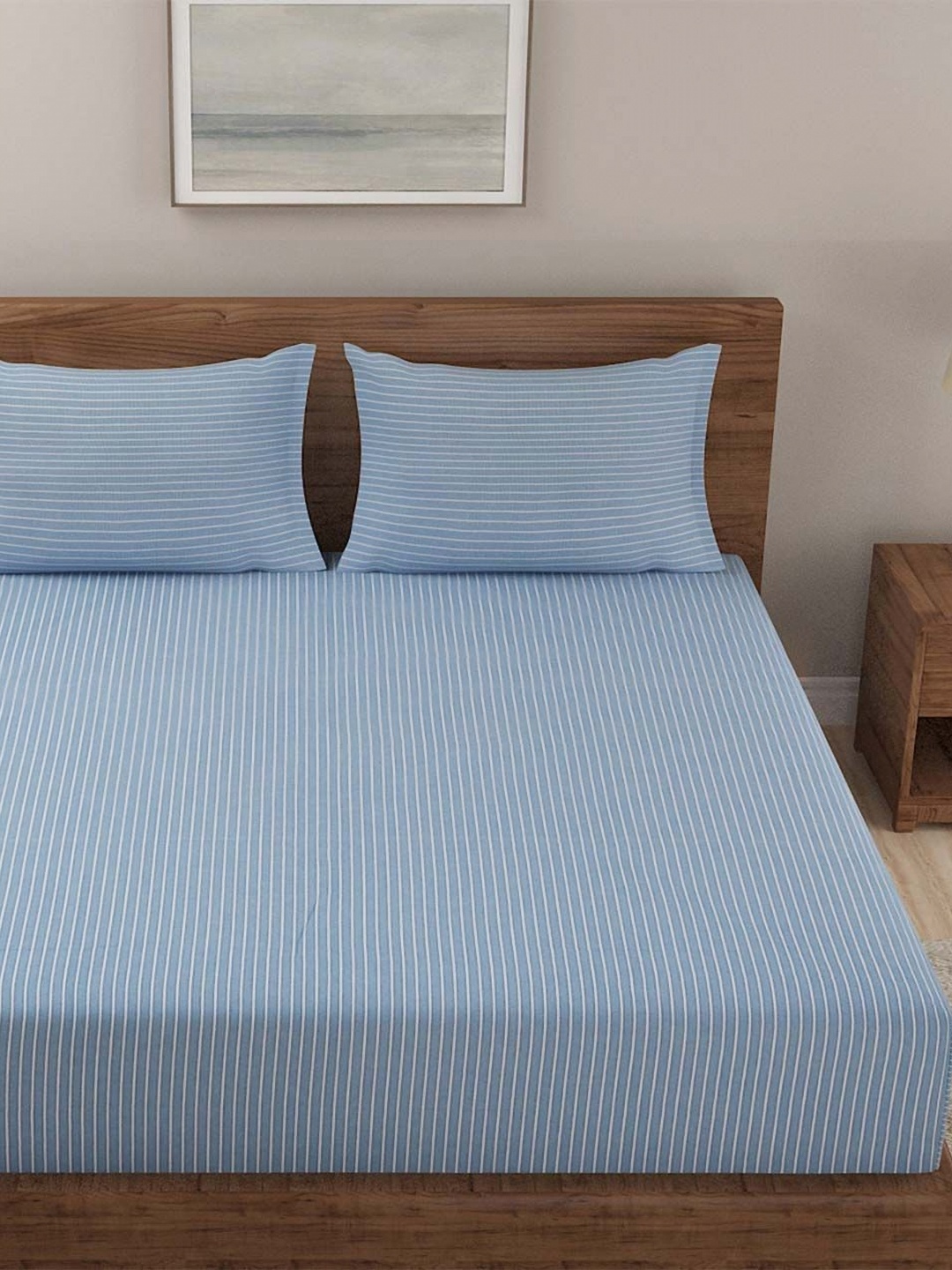 

Fabindia Blue & White Striped Cotton Double King BedSheet With 2 Pillow Covers