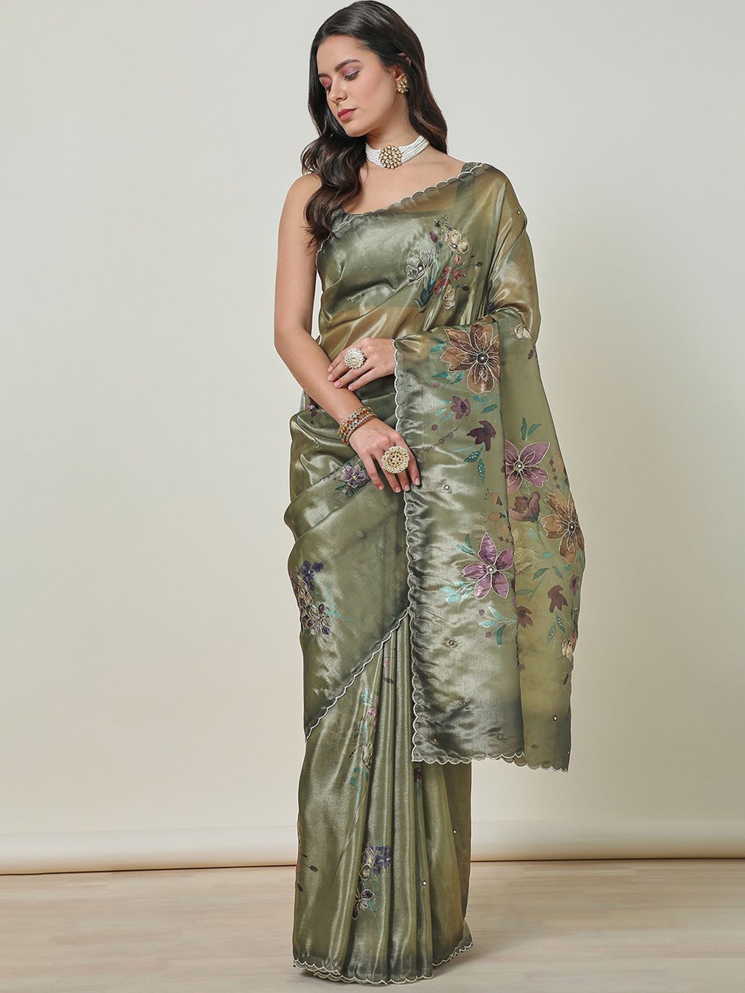 

Soch Tissue Embroidered Saree With Zari, Olive