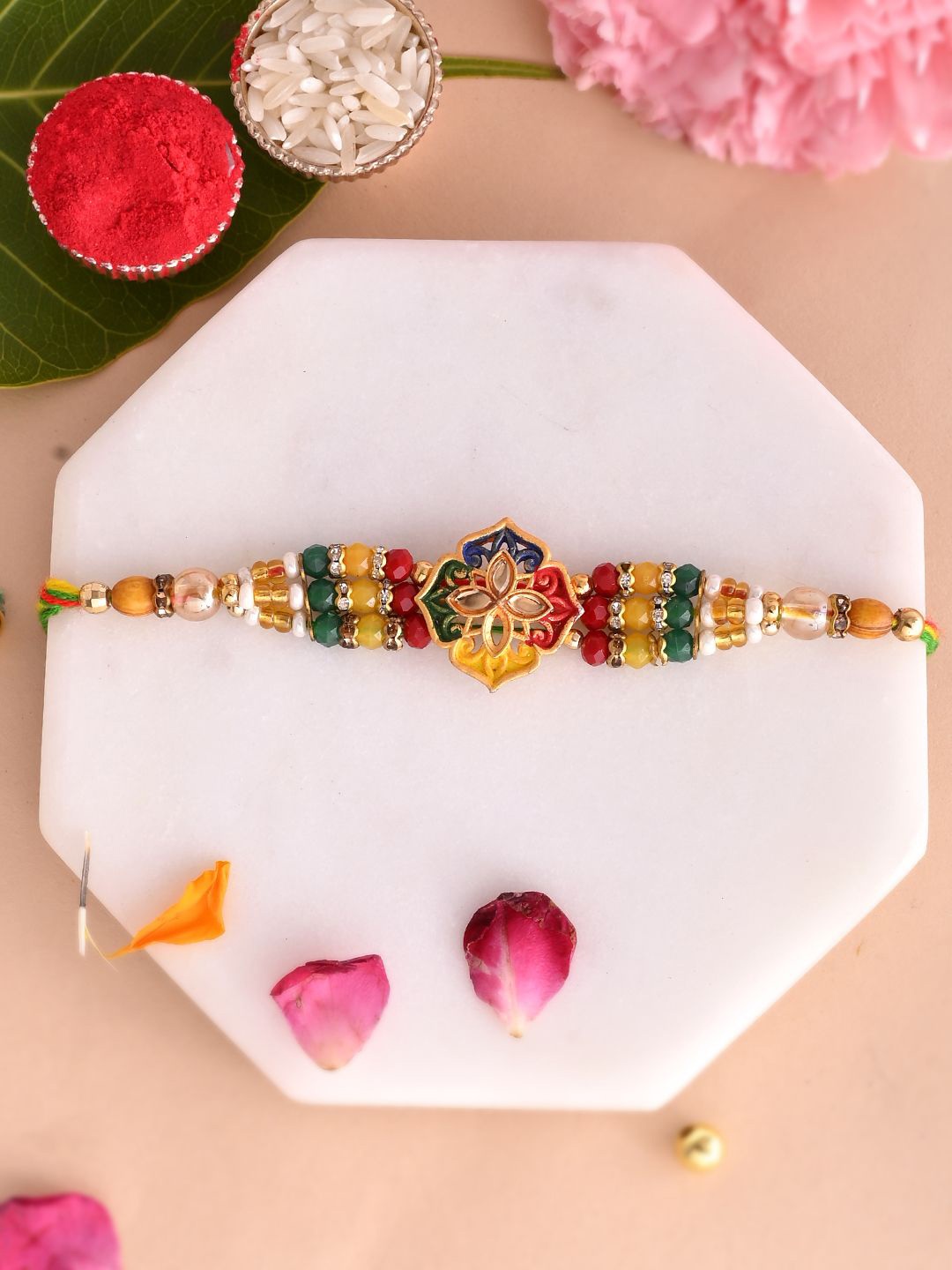 

Anouk Green Stone Studded & Beaded Thread Rakhi With Roli Chawal With Greeting Card, Yellow