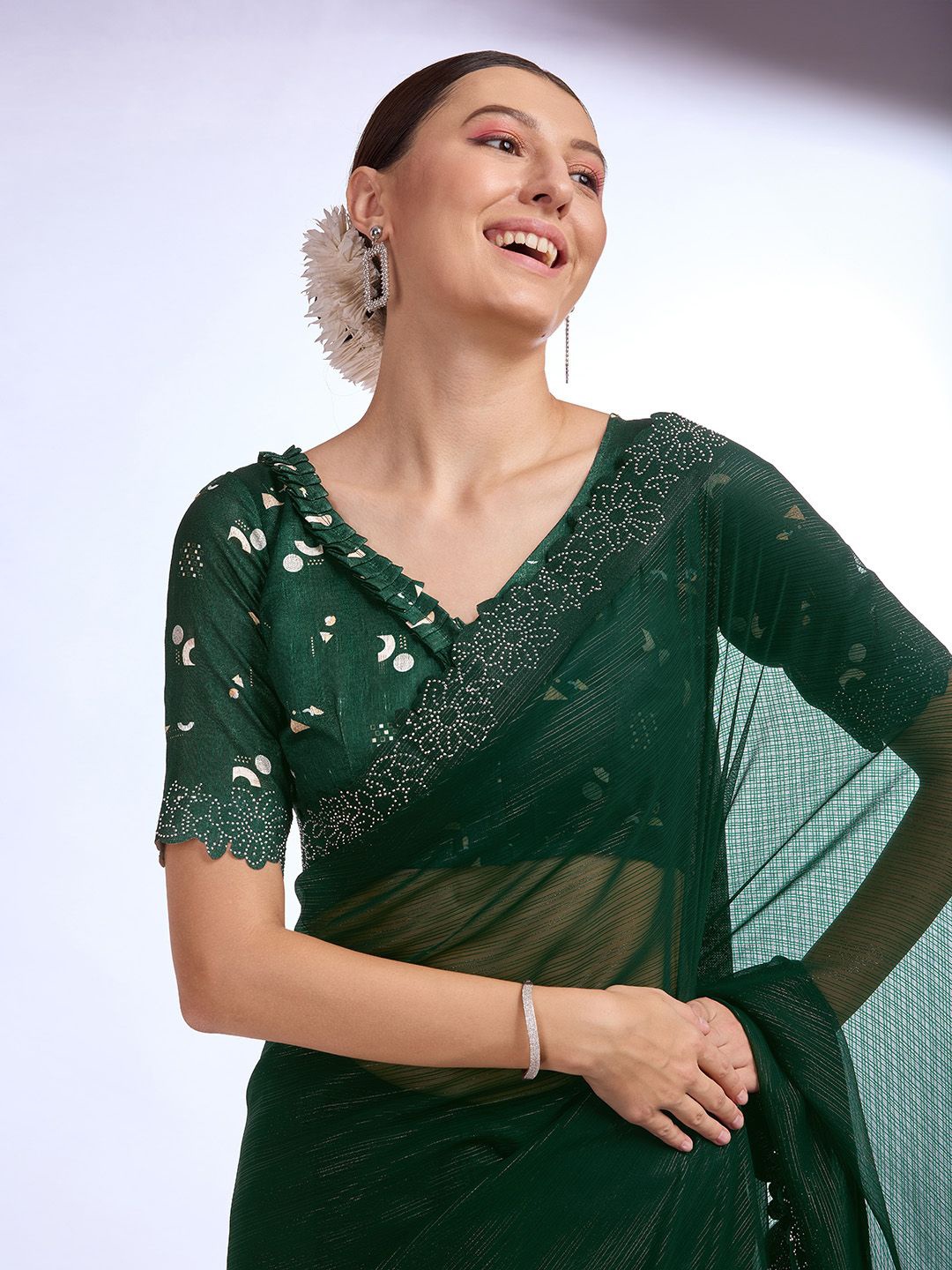 

Mitera Pure Georgette Beads and Stones Embellished Saree, Green