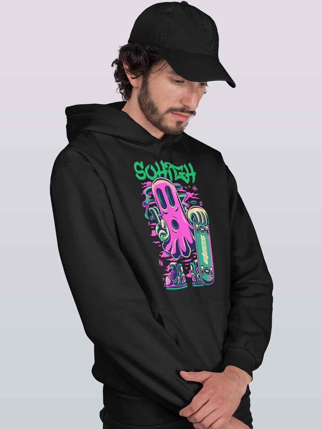 

macmerise Men Printed Hooded Sweatshirt, Black