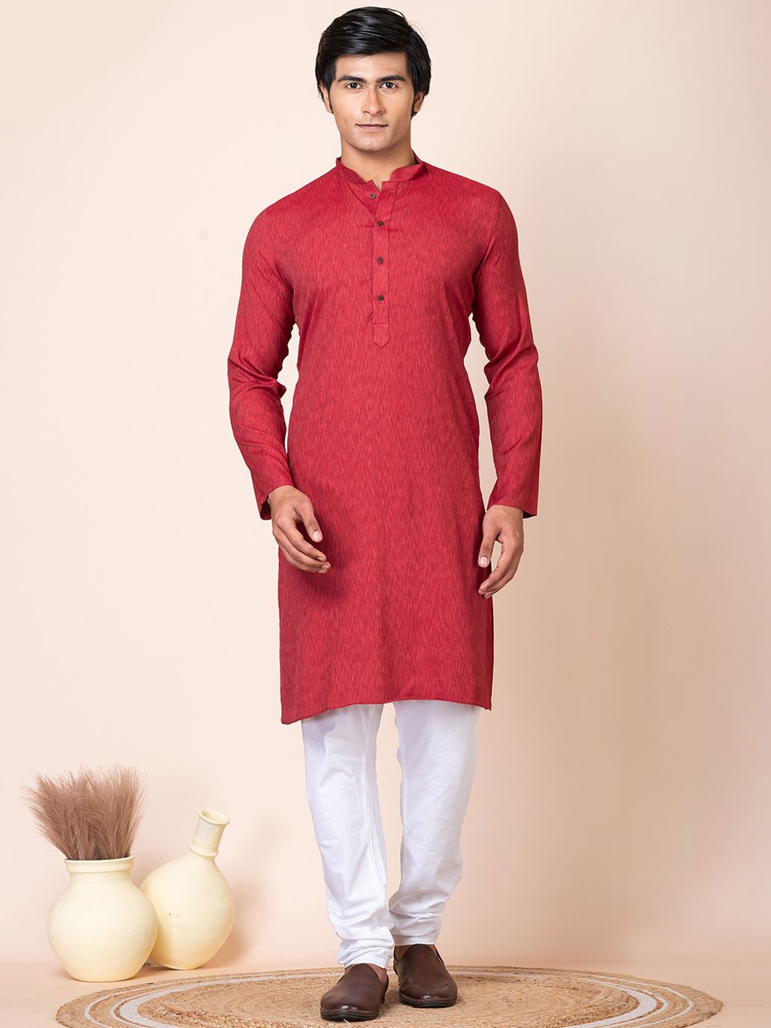 

HU - Handcrafted Uniquely Mandarin Collar Pure Cotton Straight Kurta, Red