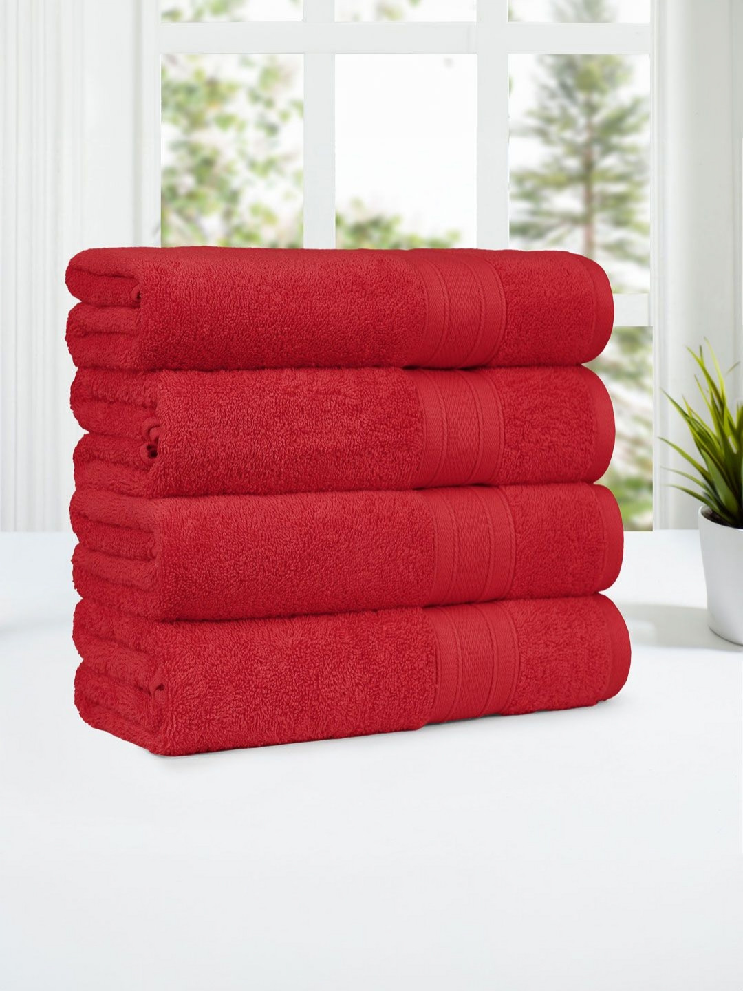 

MYTRIDENT Red 4 Pieces Cotton 500 GSM Bath Towel