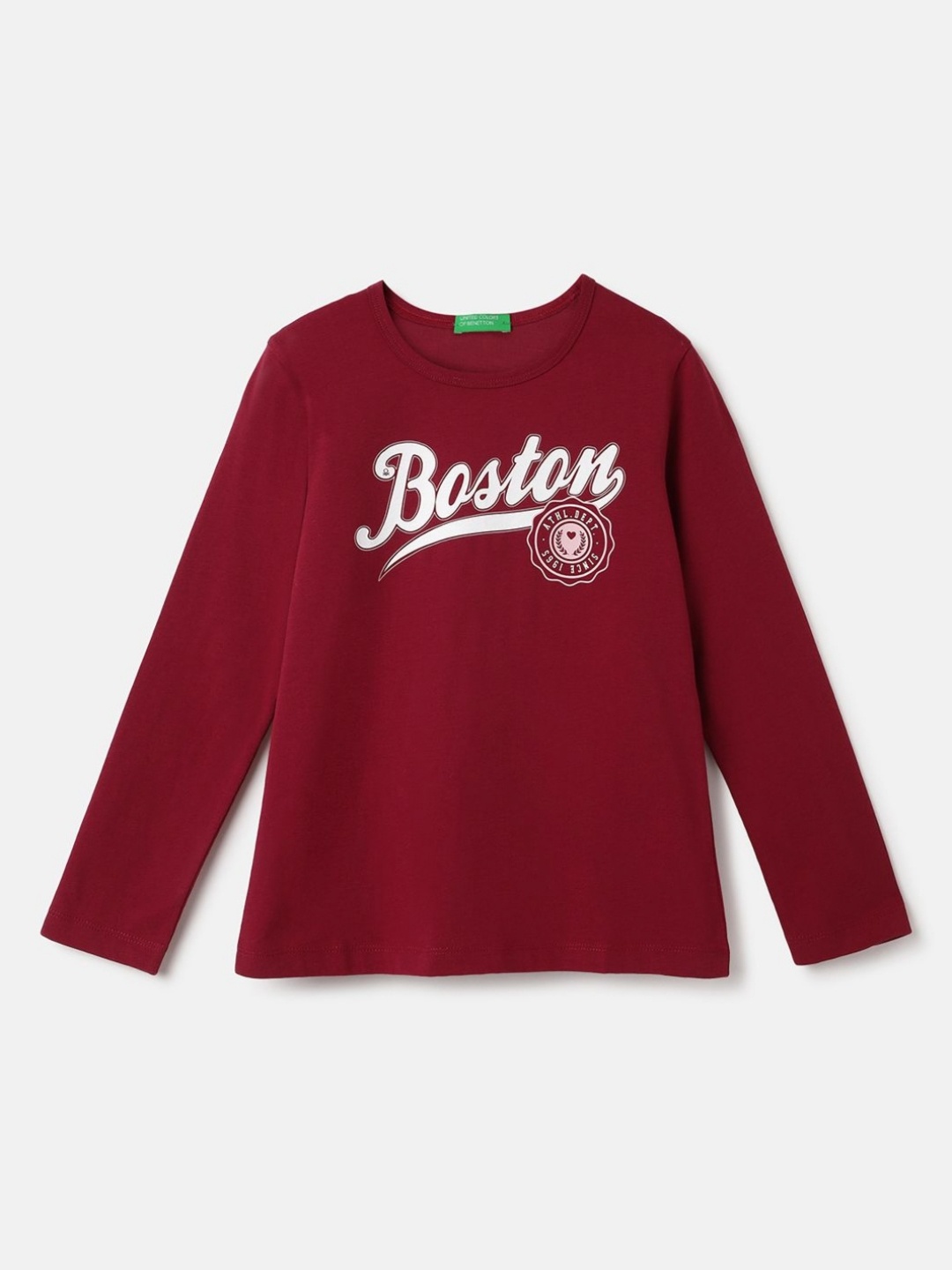 

United Colors of Benetton Girls Typography Printed Pure Cotton T-shirt, Maroon
