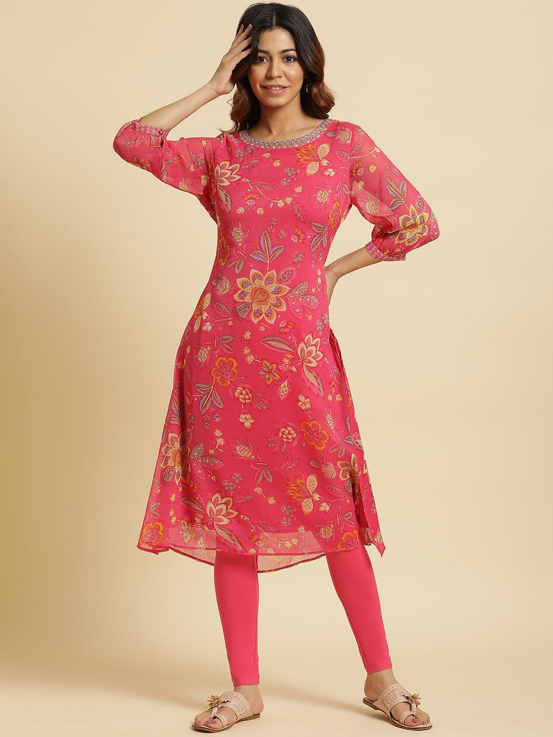 

W Pink Floral Printed Puff Sleeves Sequinned Straight Kurta