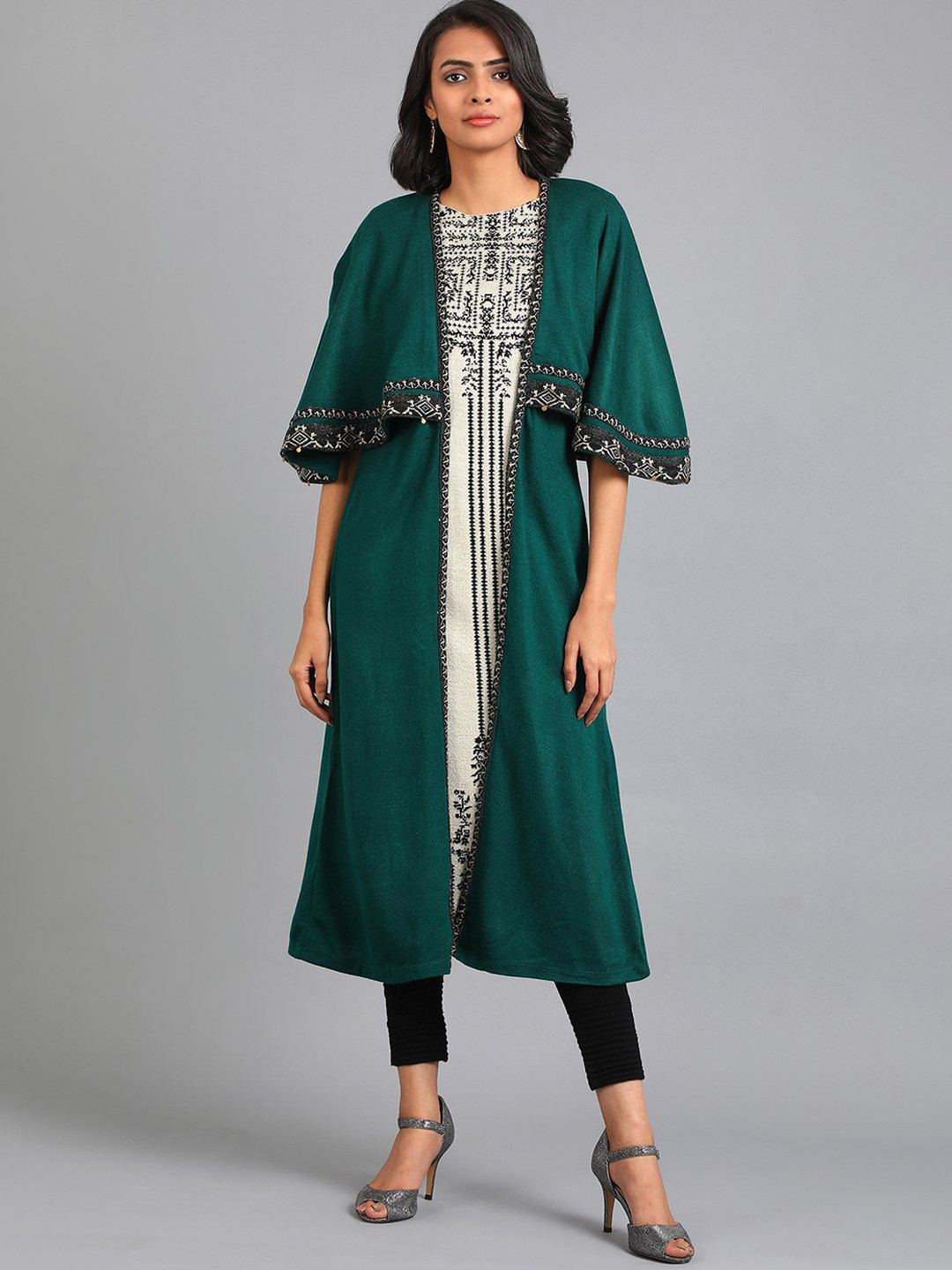 

W Ethnic Motifs Design Flared Sleeves Layered Knitted A-Line Kurta, Green