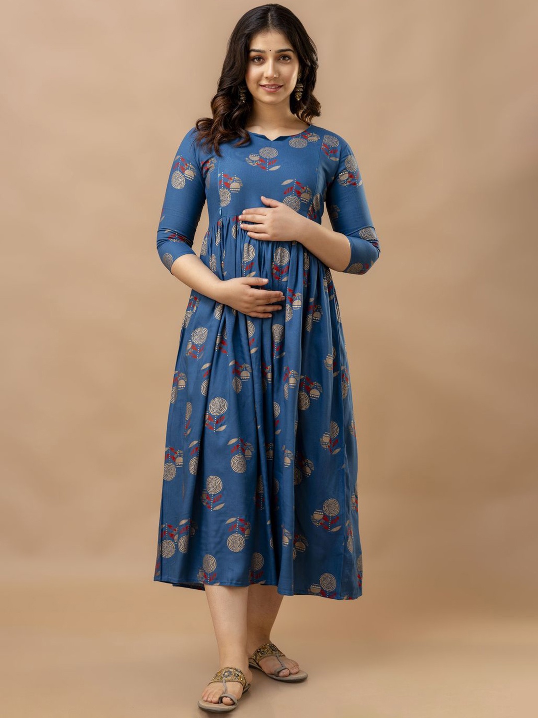 

DRESSAR Floral Printed Maternity A-Line Kurta, Turquoise blue