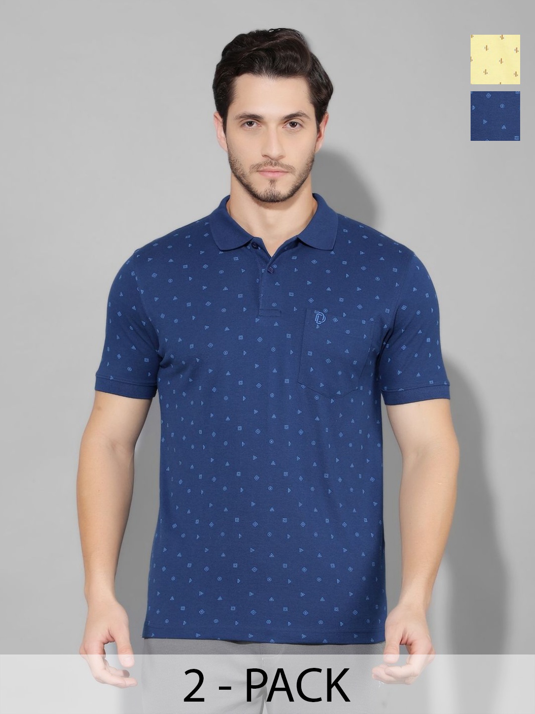 

Dollar Men Pack Of 2 Geometric Printed Polo Collar Cotton T-Shirt, Multi
