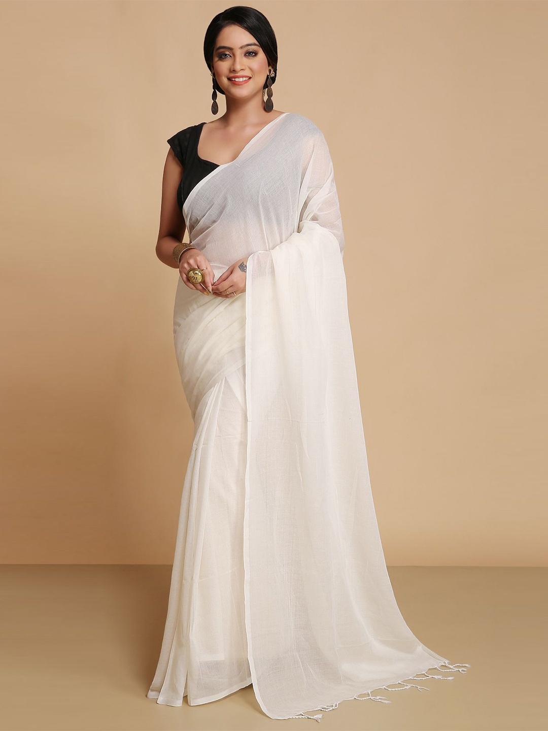 

WoodenTant Solid Pure Cotton Saree, White