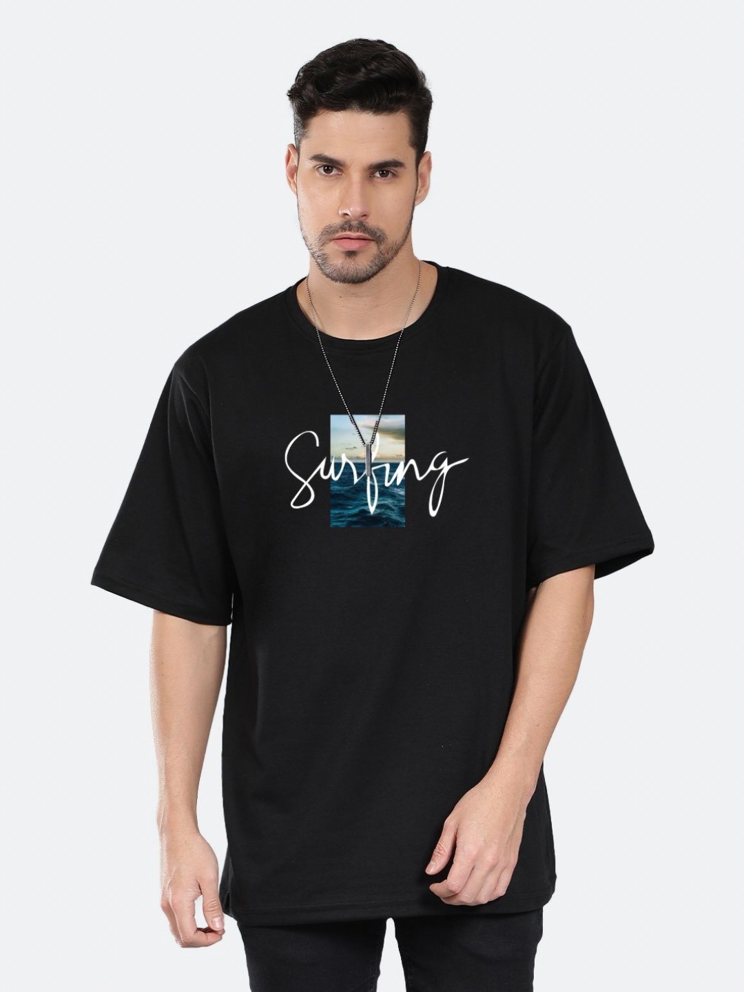 

Mad Over Print Men Typography Printed Round Neck Cotton Oversized T-shirt, Black