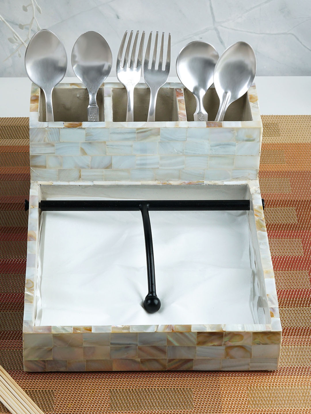 

THE HOME CO. Beige Cutlery & Tissue Holder, White
