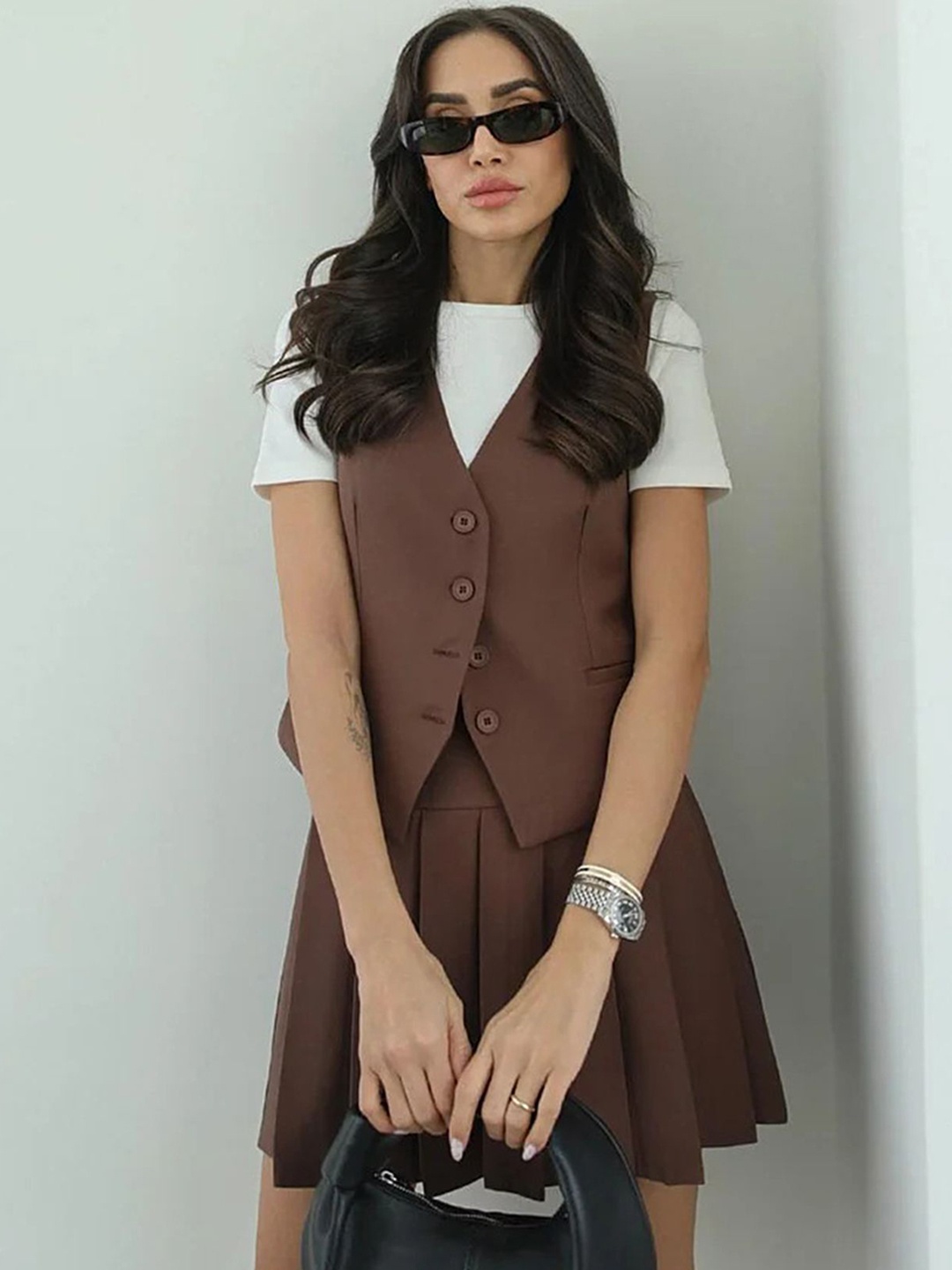 

LULU & SKY V-Neck Waistcoat & Skirt, Brown