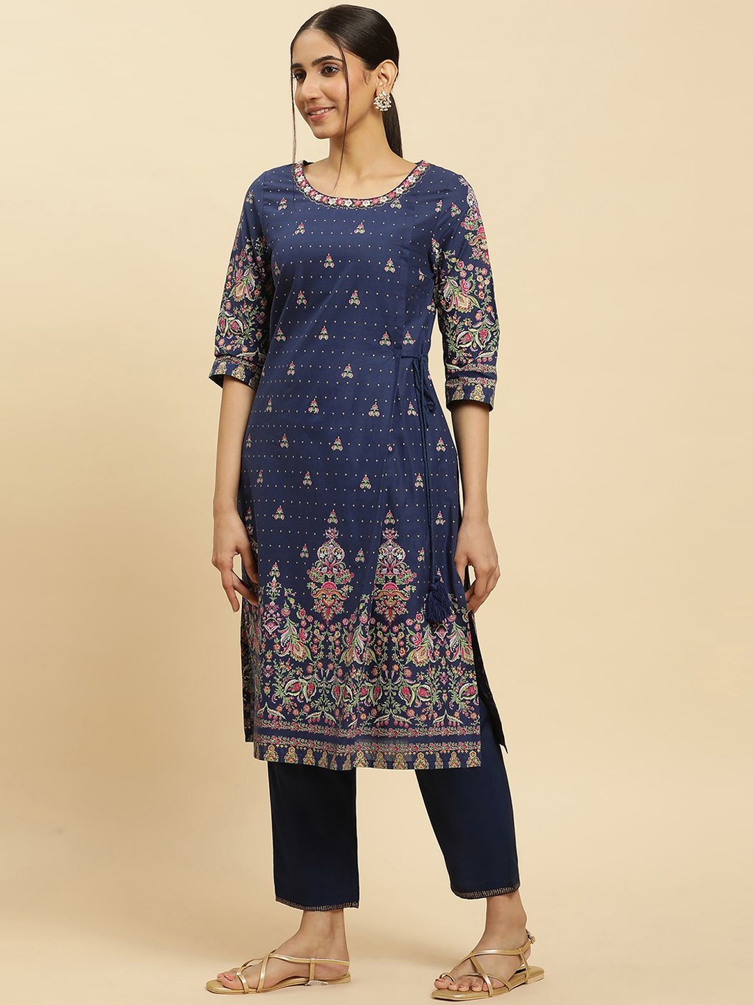 

W Women Ethnic Motifs Printed Thread Work Cotton Straigth Kurta, Blue