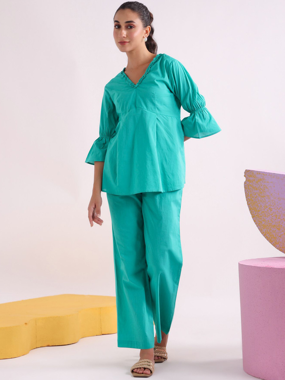 

JISORA V Neck Bell Sleeves Pure Cotton Top With Trousers, Green