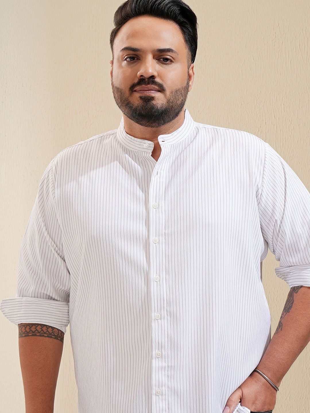 

HIGHLANDER Men Mandarin Collar Striped Plus Size Casual Shirt, White