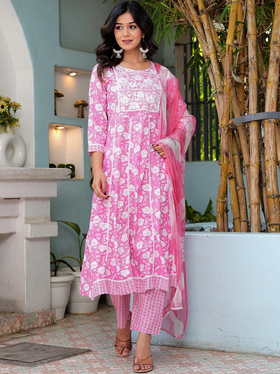 

Chandbaali Floral Printed Regular Mirror Work Anarkali Kurta With Trousers & Dupatta, Pink
