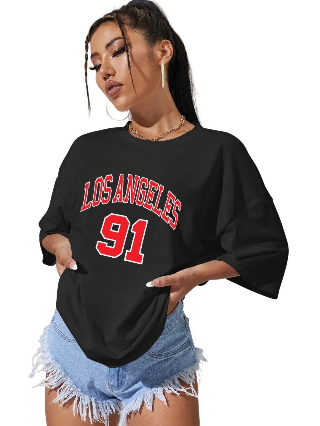 

TABADTOD Women Typography Printed Oversized T-shirt, Black