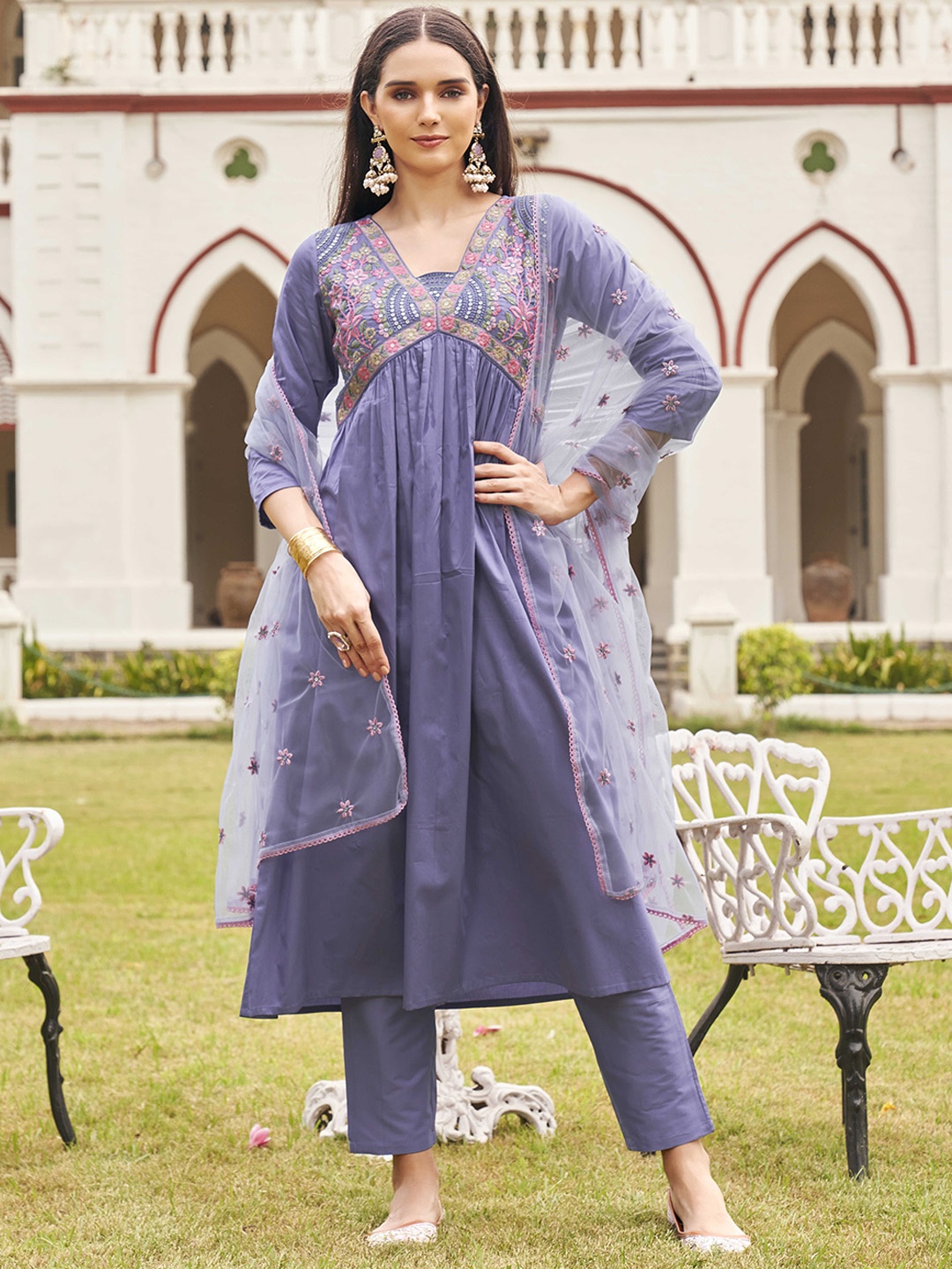 

Tikhi Imli Floral Yoke Design Empire Sequinned A-Line Kurta with Trousers & Dupatta, Lavender