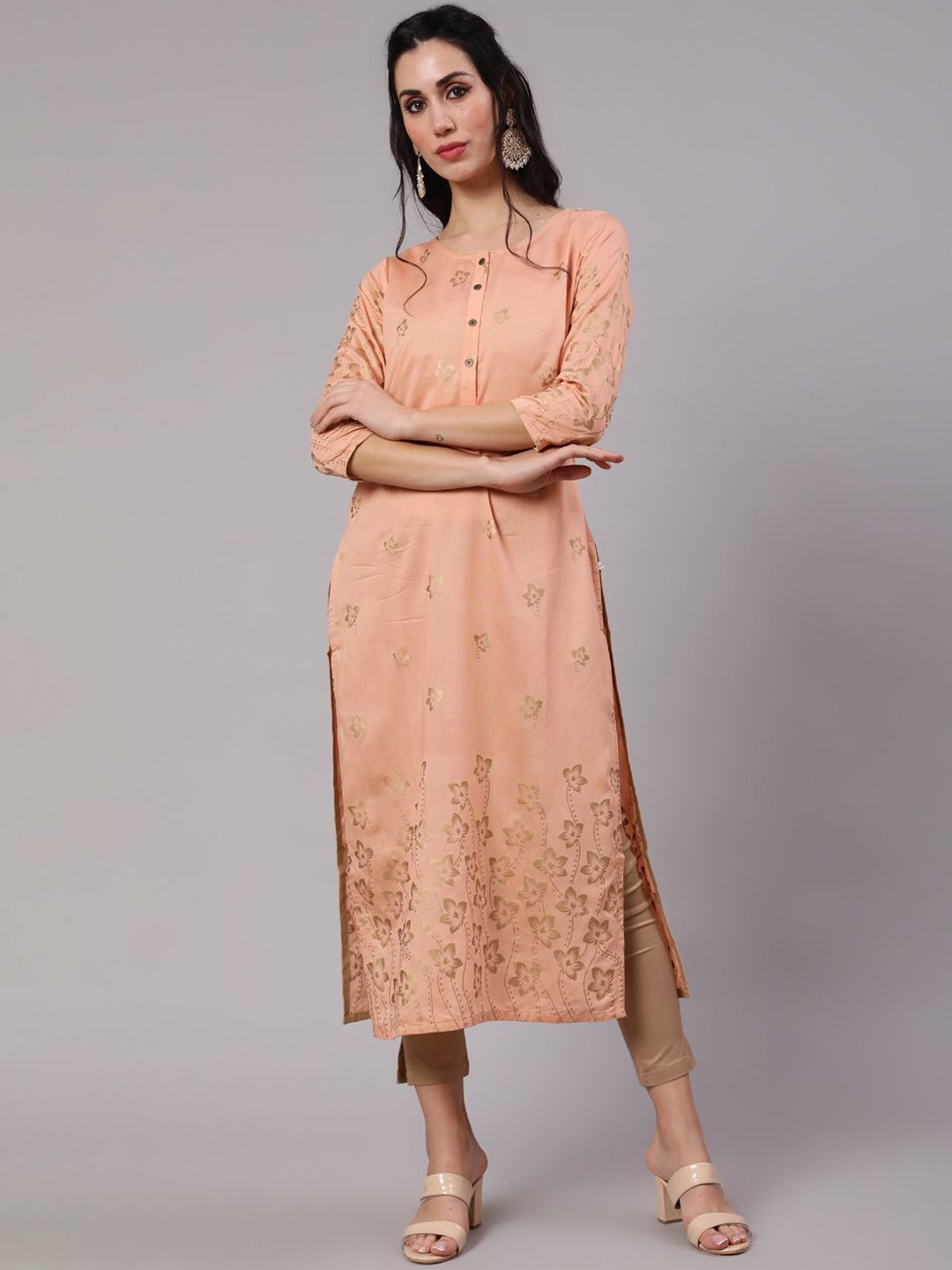 

Sangria Floral Printed Chanderi Silk Straight Kurtas, Peach