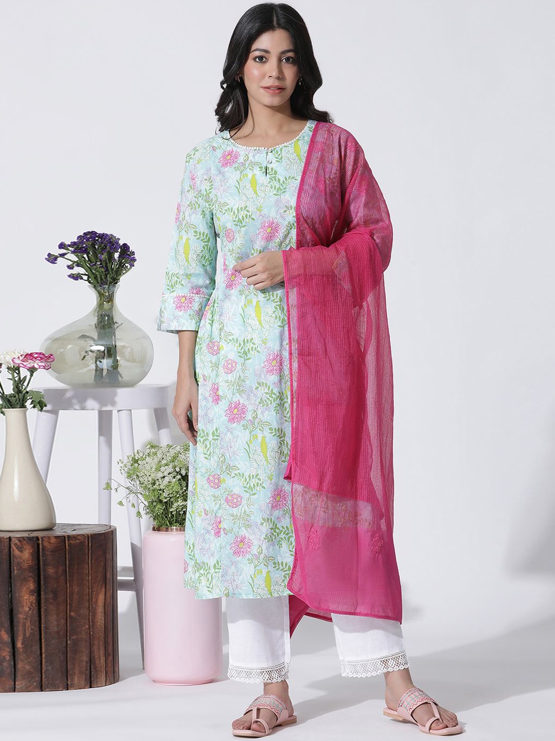 

W Floral Printed Pure Cotton A Line Kurta & Trousers With Dupatta, Blue
