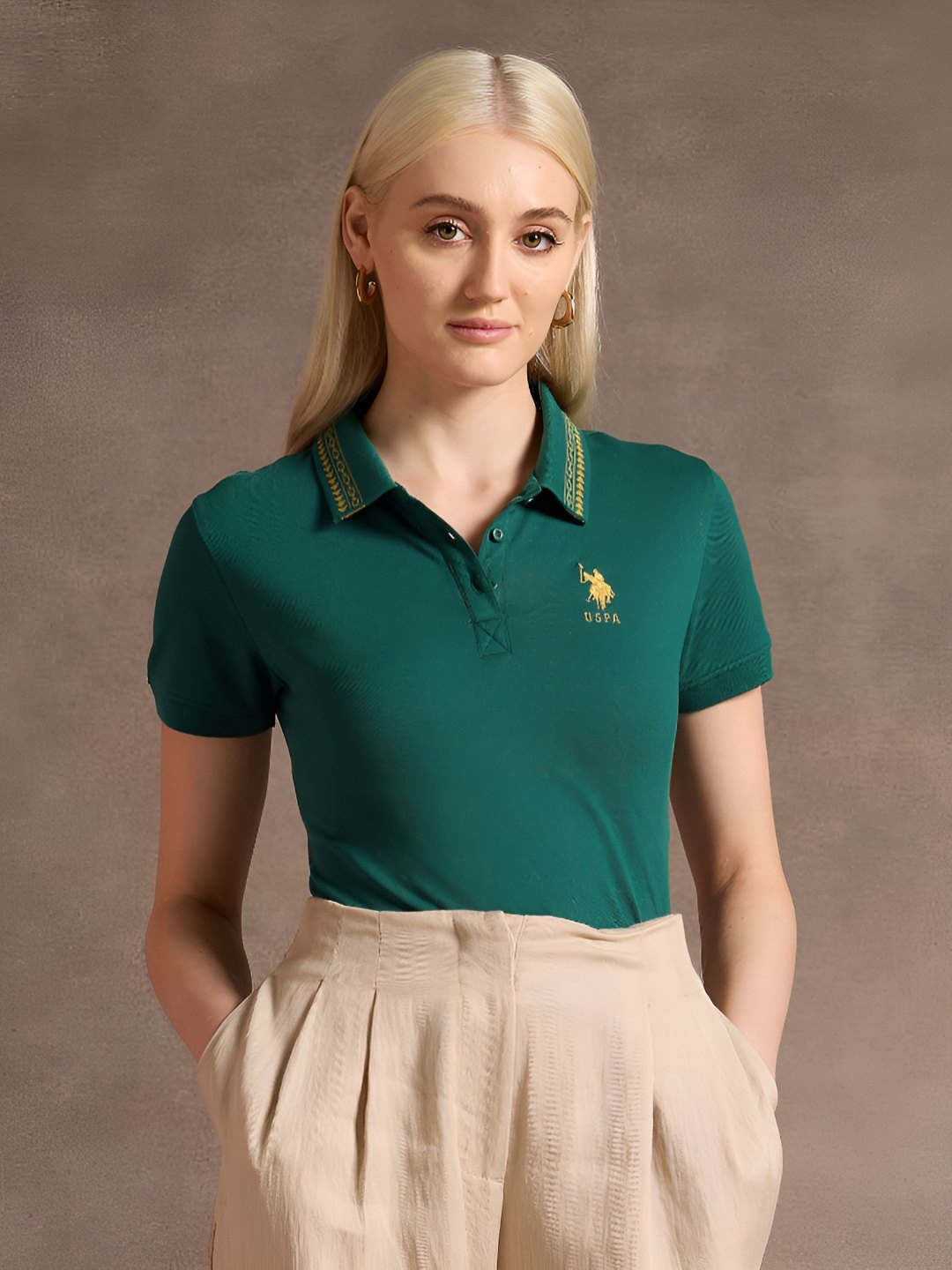 

U.S. Polo Assn. Women Brand Logo Printed Polo Collar Cotton T-Shirt, Green