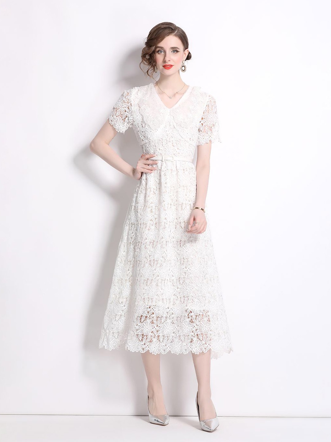 

JC Collection V-Neck Short Sleeve Belted A-Line Midi Dress, White