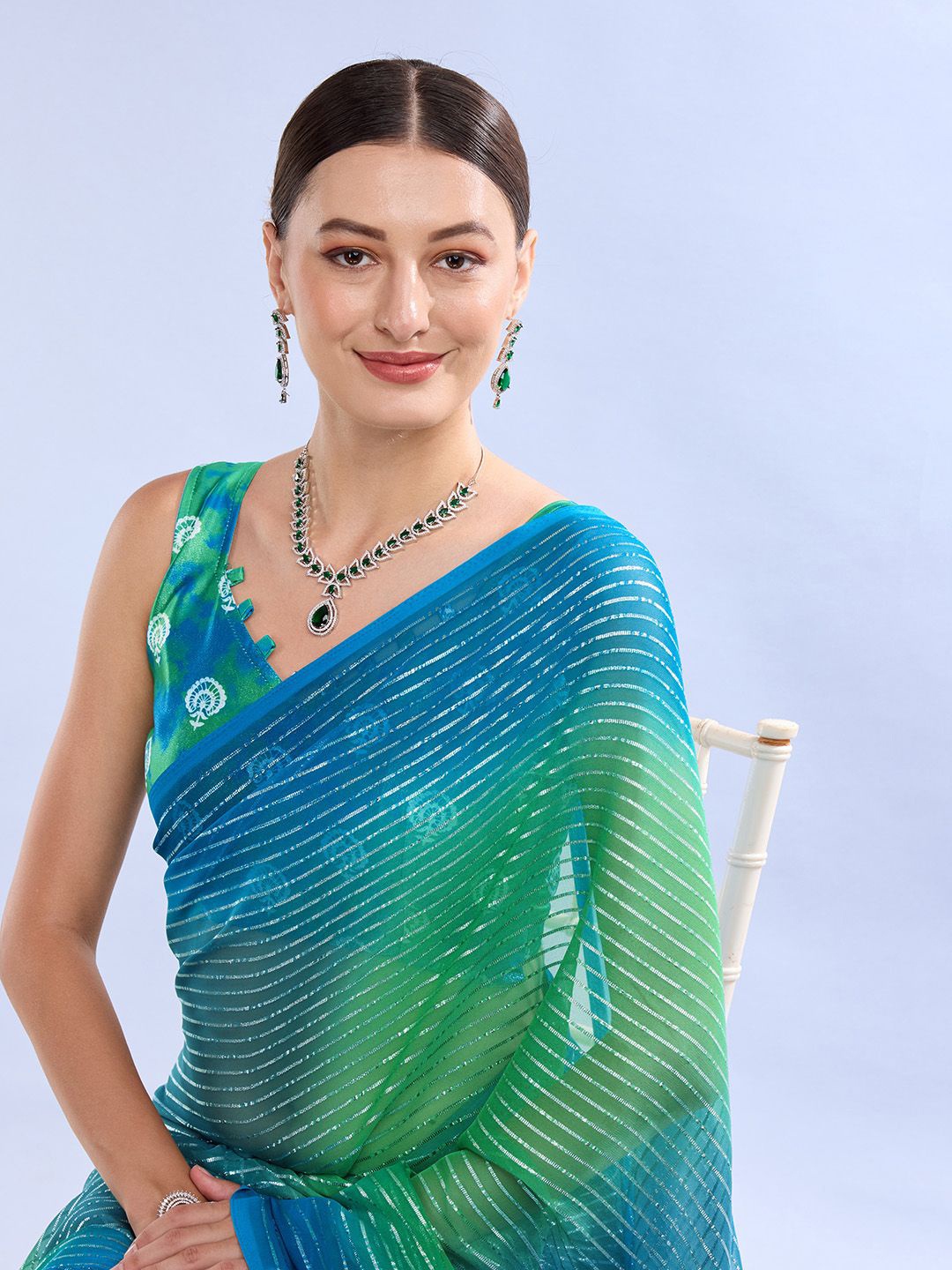 

Mitera Striped Zari Saree, Teal