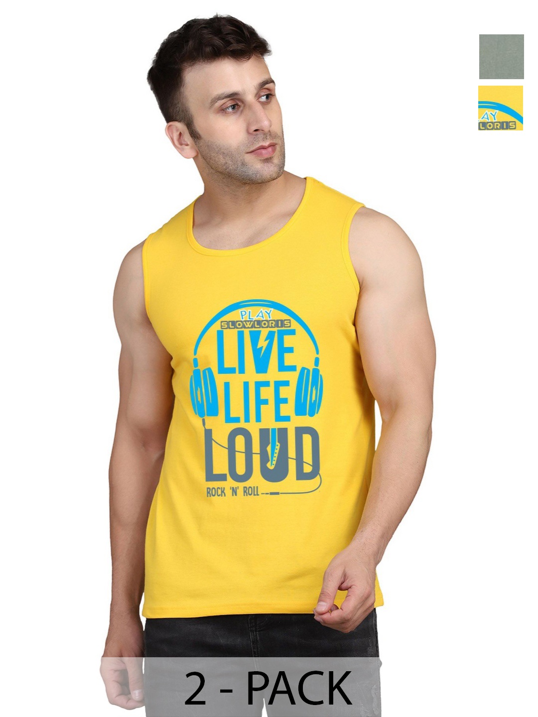 

SLOWLORIS Men Pack Of 2 Typography Printed Round Neck Cotton Slim Fit T-shirts, Yellow