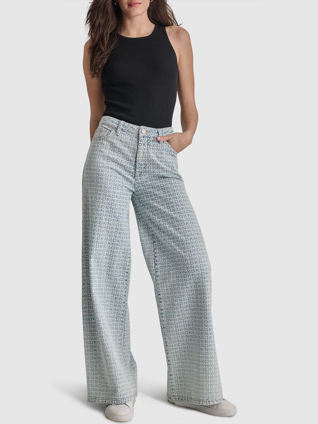 

DKNY Women Printed Slim Straight Fit Low-Rise Jeans, Blue