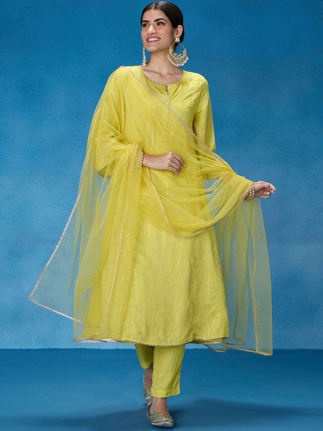 

Likha Woven Design Sequinned Kurta A-Line With Trousers & Dupatta, Yellow