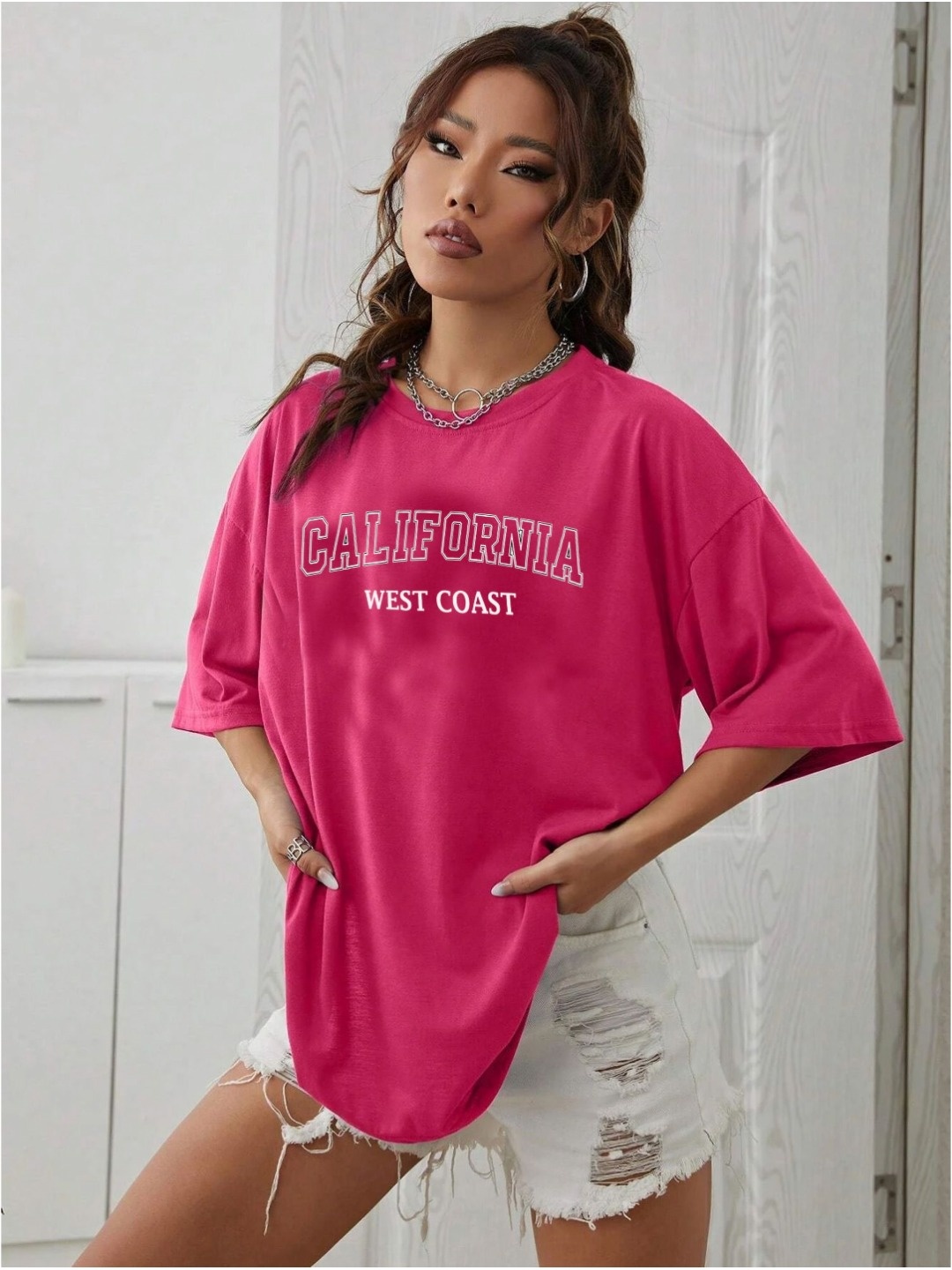 

TABADTOD Women Typography Printed Oversized T-shirt, Pink