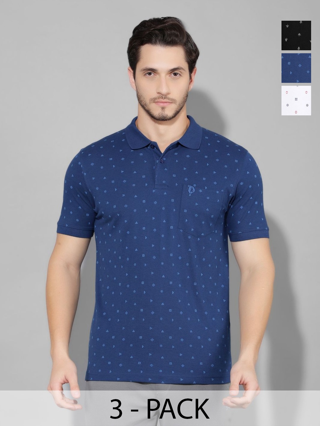 

Dollar Men Pack Of 3 Abstract Printed Polo Collar Cotton T-Shirt, Assorted