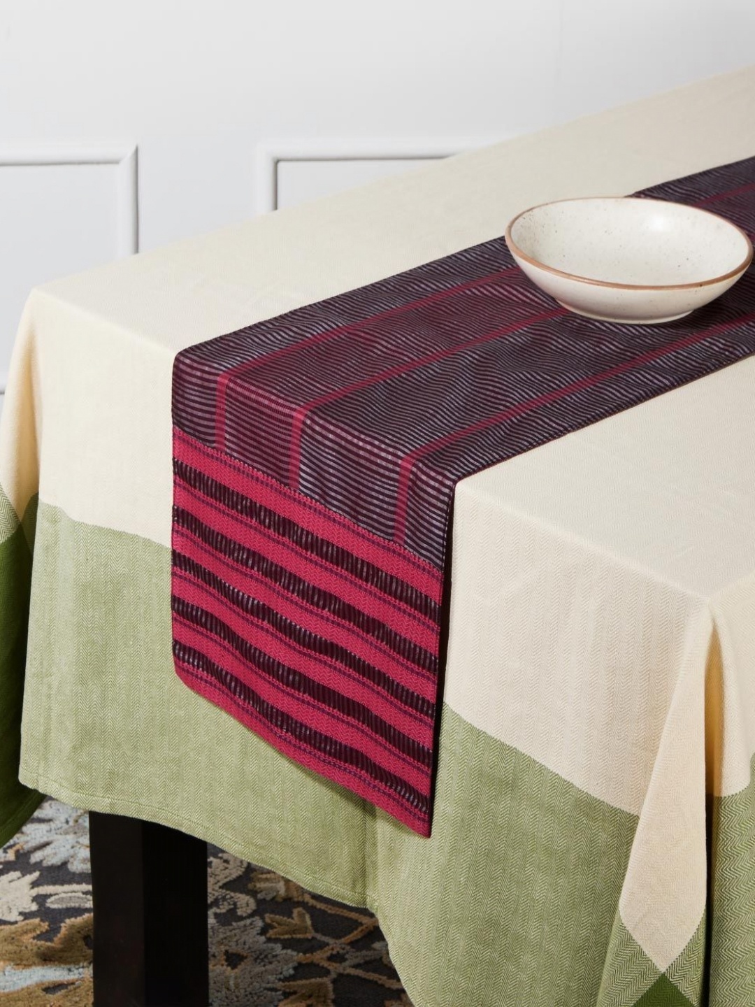 

Fabindia Grey & Red Striped Cotton Silk Table Runner