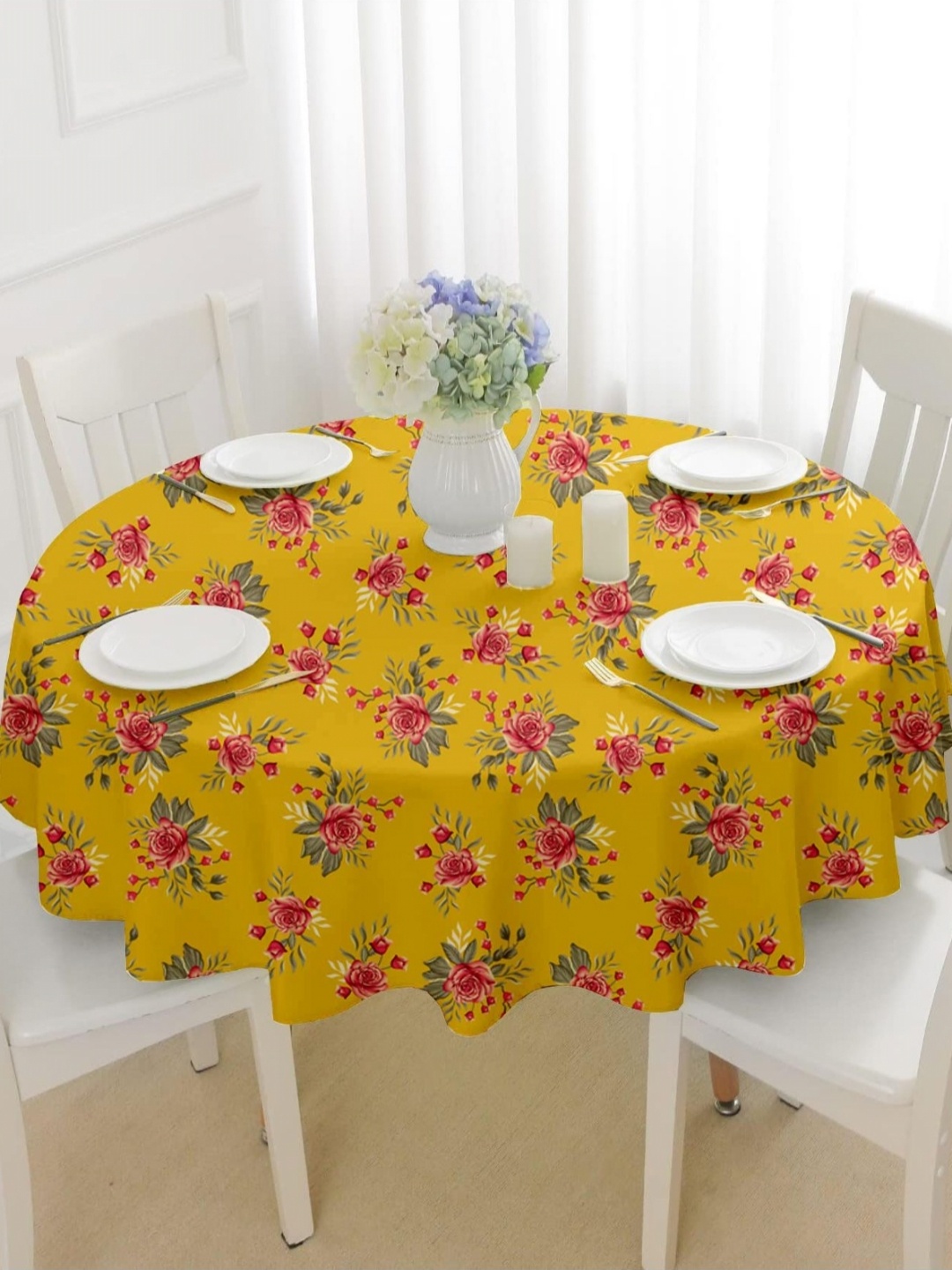 

Lushomes Yellow & Red Floral Printed Round 4-Seater Table Linen Set
