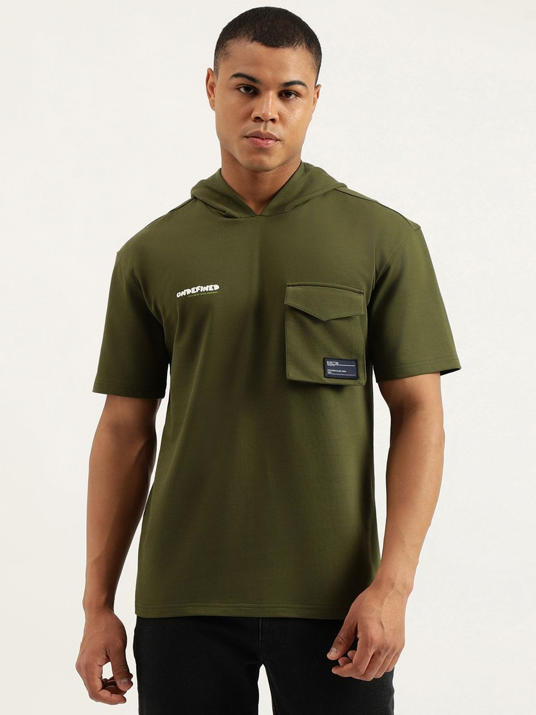 

United Colors of Benetton Men Hooded Pure Cotton Pockets Boxy T-shirt, Green