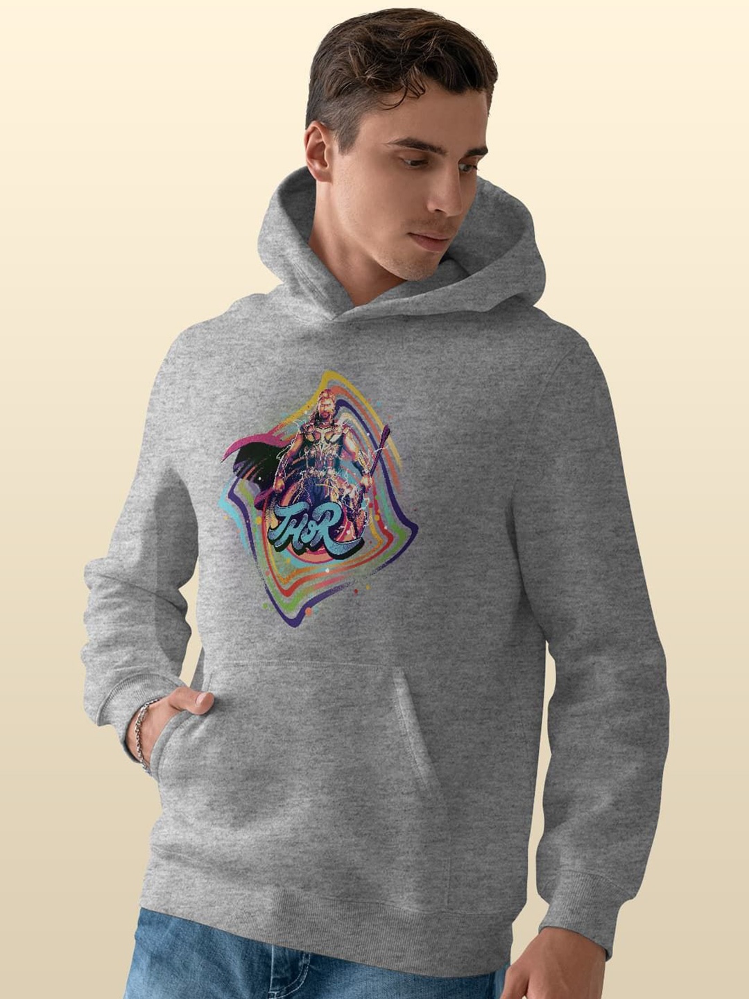 

macmerise Men Printed Hooded Sweatshirt, Grey