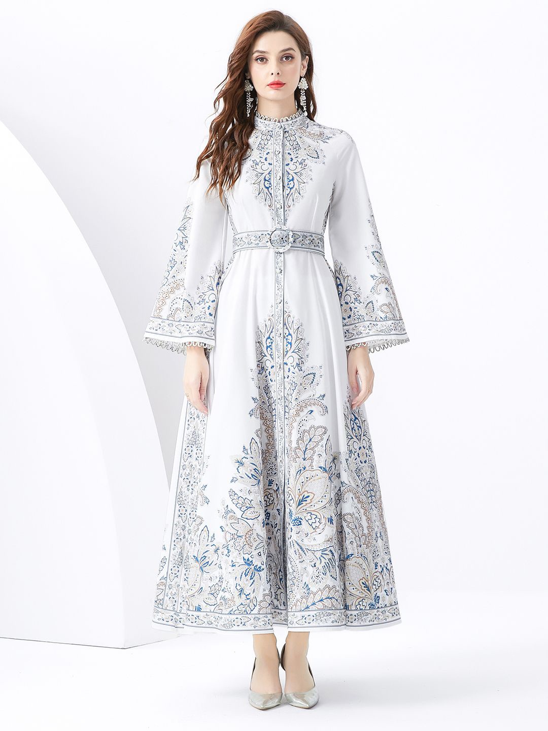 

JC Collection Ethnic Motifs Print Flared Sleeve Maxi Dress, White