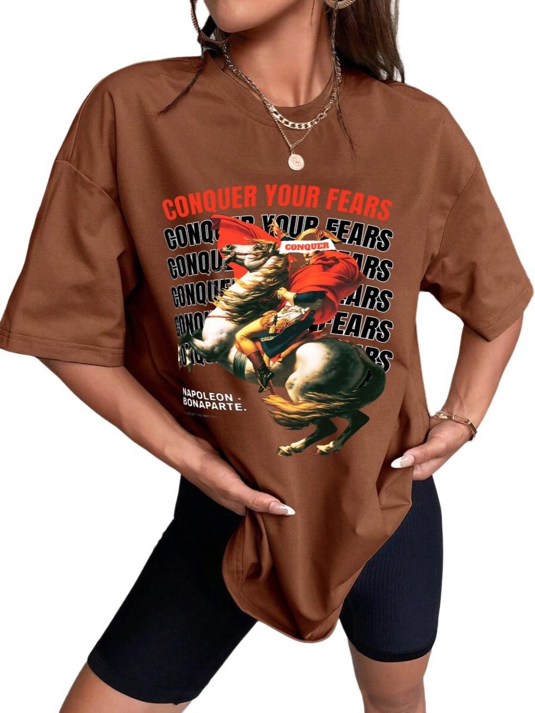 

TABADTOD Women Printed V-Neck Applique T-shirt, Brown