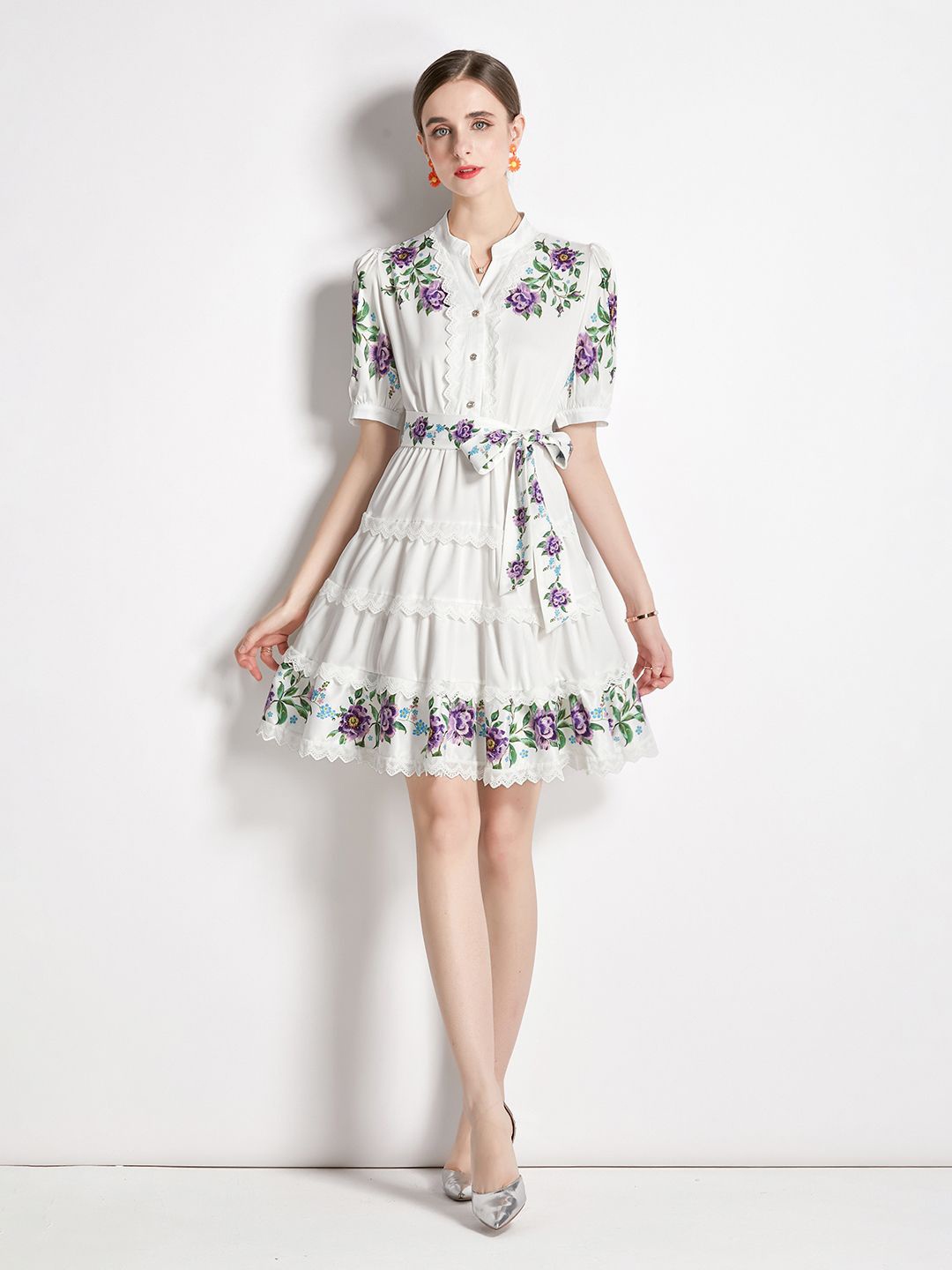 

JC Collection Floral Printed Mandarin Collar Fit & Flare Dress, White