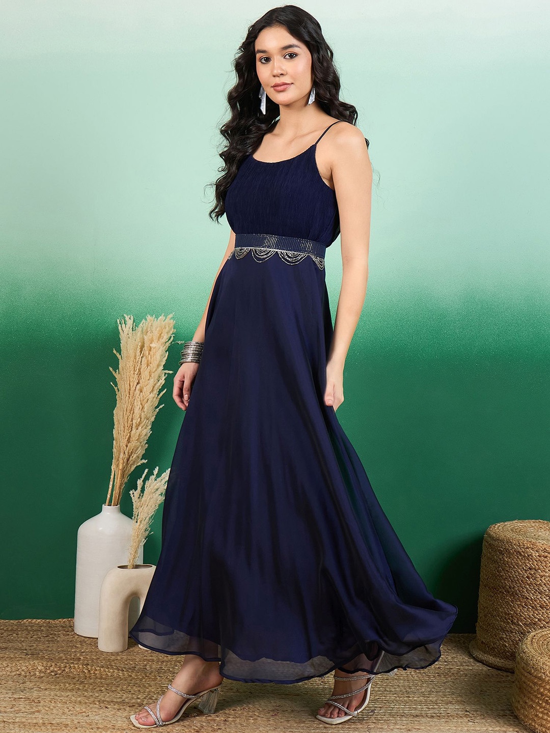 

Sangria Pleated A-Line Belted Ethnic Dress, Navy blue