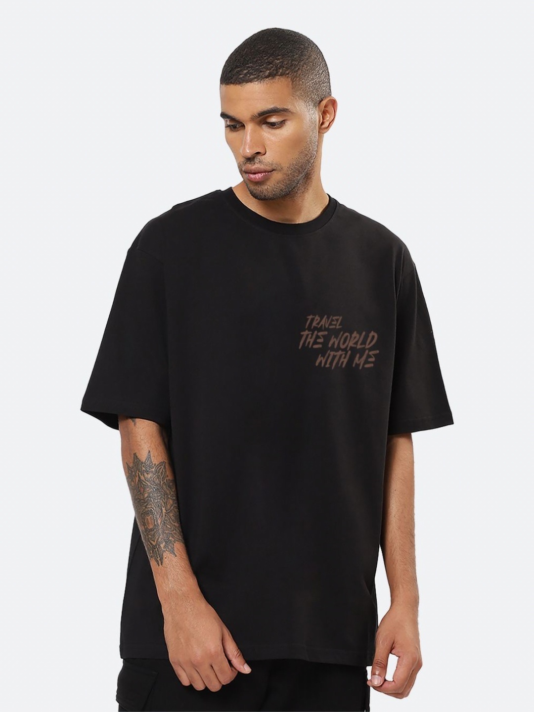 

Mad Over Print Men Typography Printed Round Neck Cotton Oversized T-shirt, Black