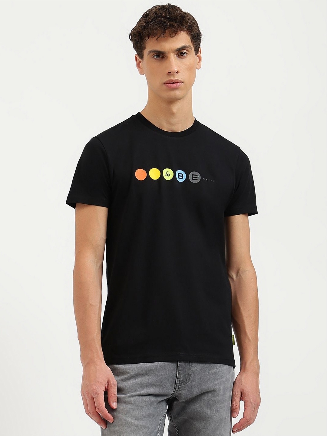 

United Colors of Benetton Men Typography Printed Pure Cotton Applique T-shirt, Black