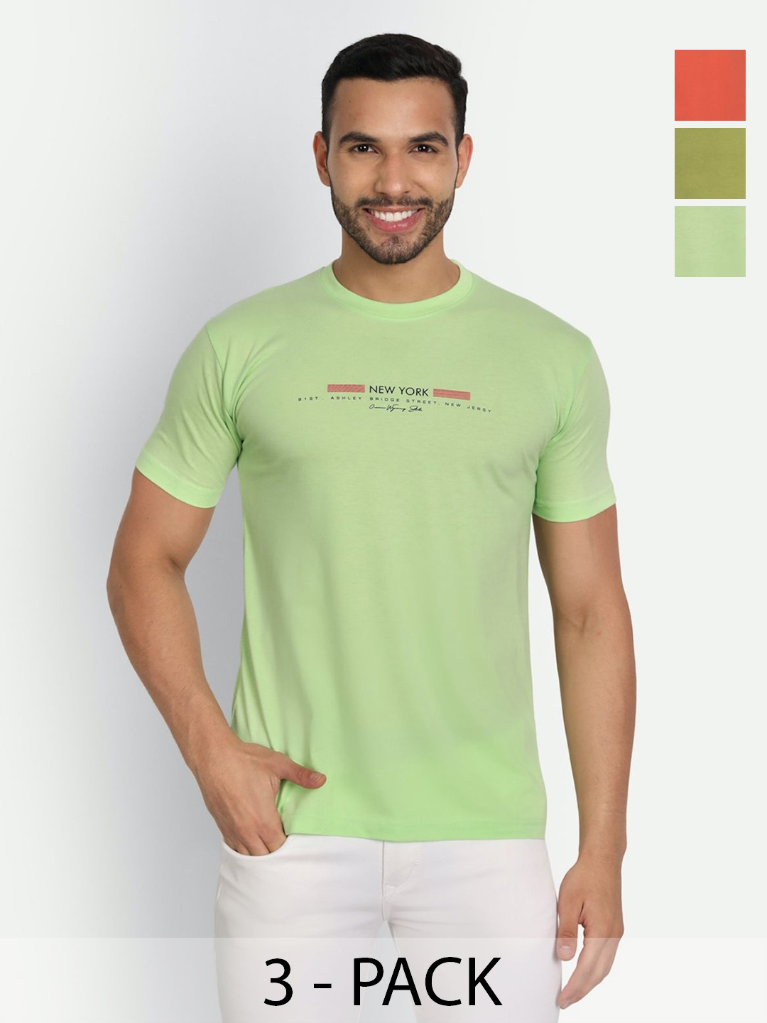 

ZEFFIT Men Pack Of 3 Typography Printed Round Neck Cotton T-shirts, Olive