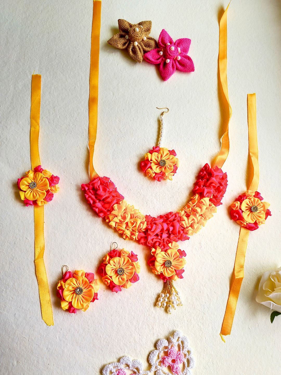 

Anouk Pink Gold Plated Floral Beaded Haldi & Mehendi Jewellery Set