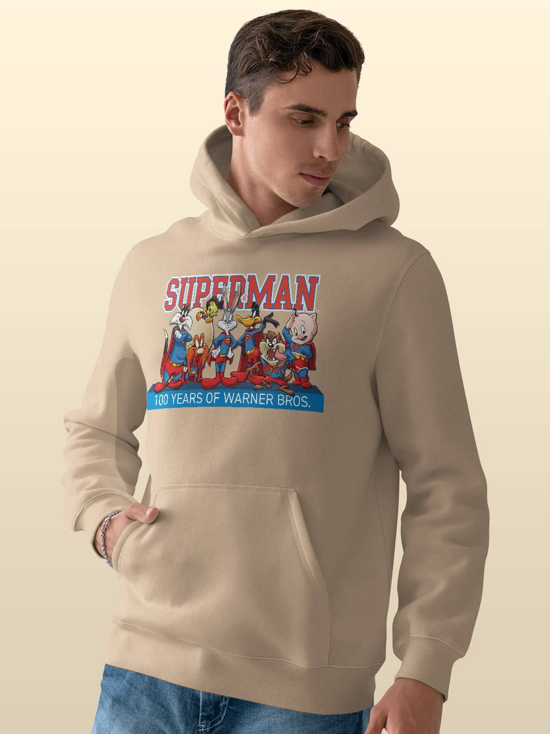 

macmerise Men Printed Hooded Sweatshirt, Beige