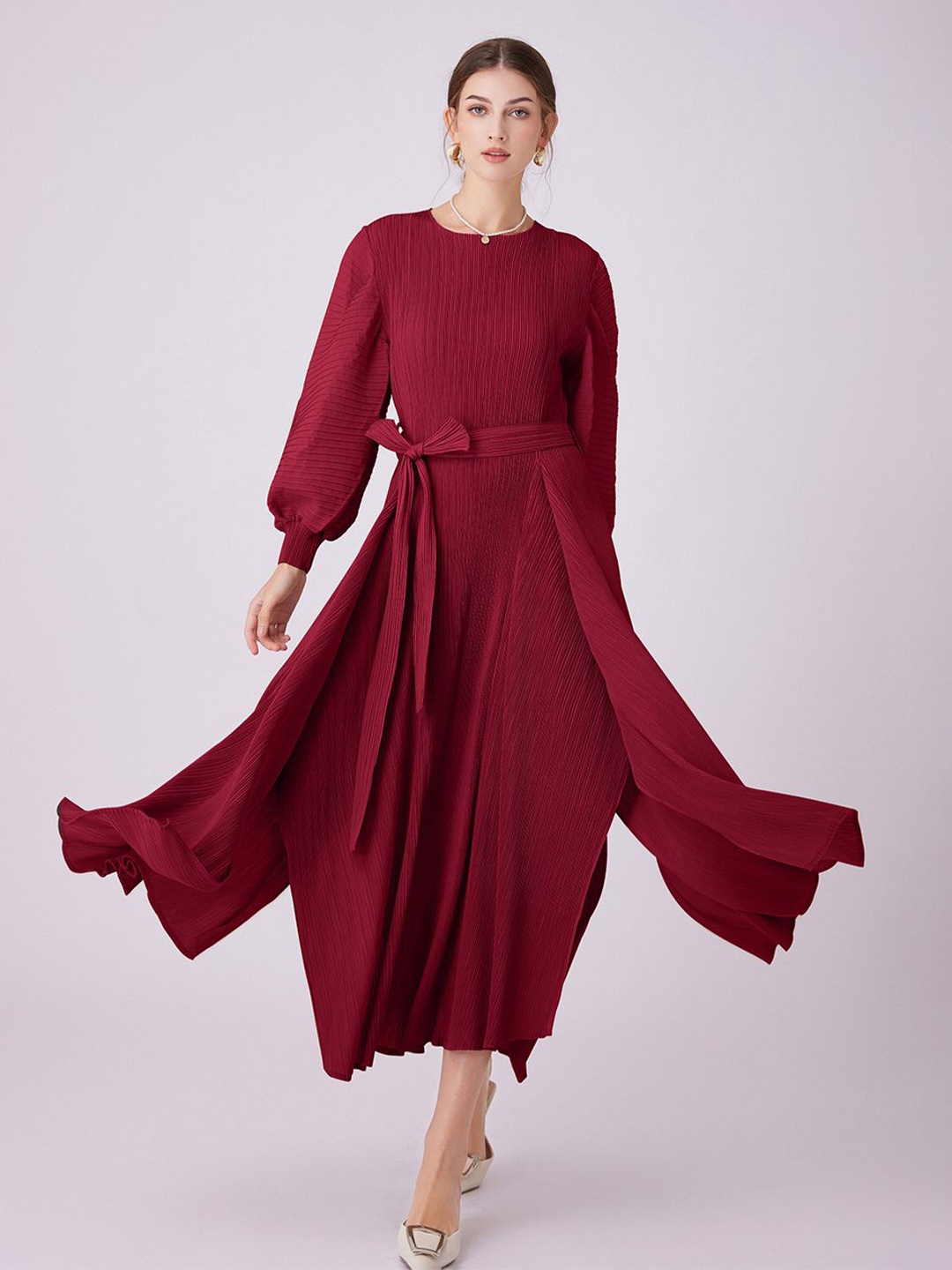 

JC Collection Cuffed Sleeve Tie-Up Details Fit & Flare Midi Dress, Maroon