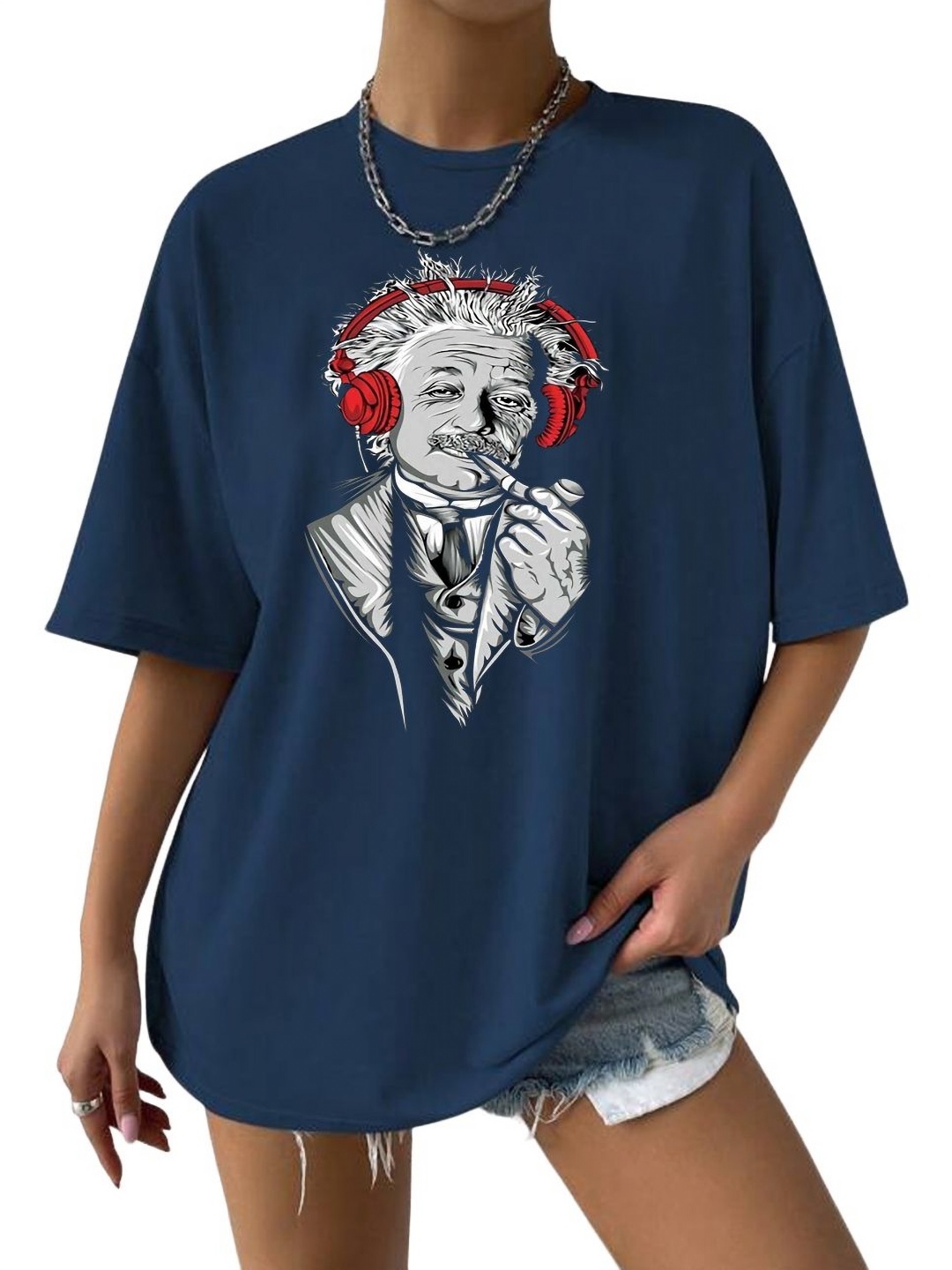 

TABADTOD Women Graphic Printed Oversized T-shirt, Navy blue