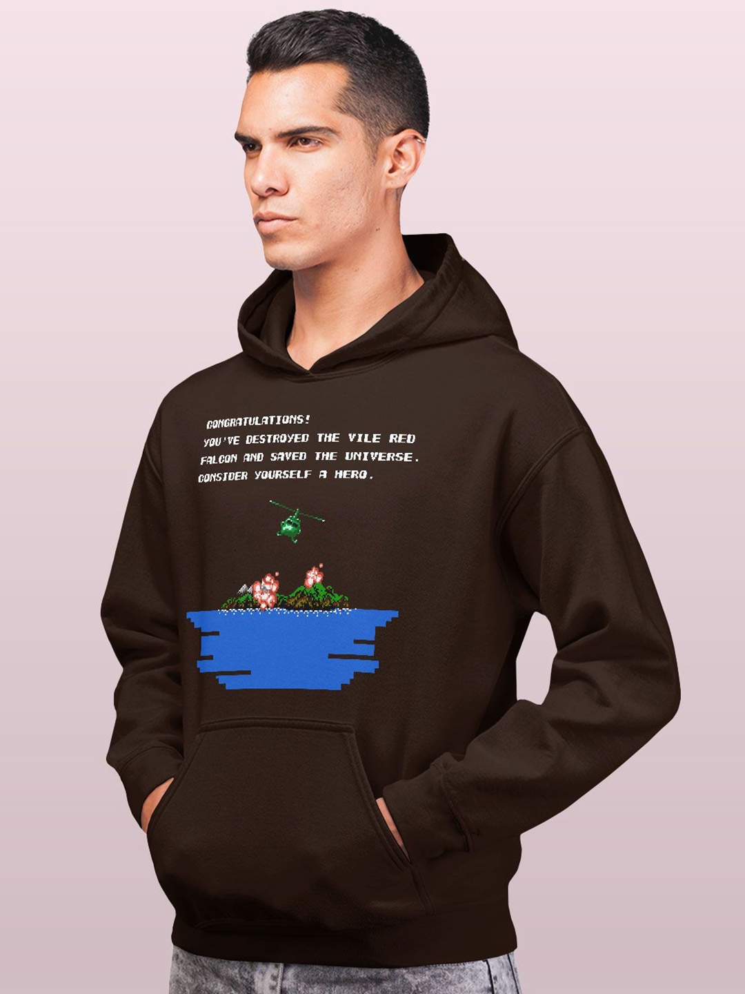 

macmerise Men Printed Hooded Sweatshirt, Brown